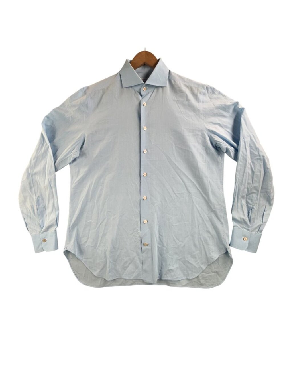 Kiton Dress Shirt Mens 17 34/35 Blue Solid 100% Cotton Long Sleeve Spread Collar